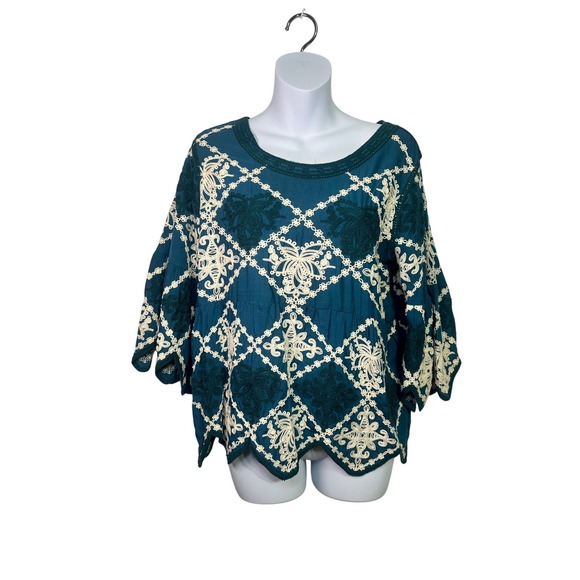 Kindred Tops - Anthropologie Kindred Womens Teal Embroidered‎ Bell Sleeve Scalloped Blouse MD